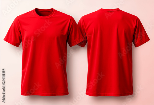A vibrant red tshirt displayed from both front and back angles. Simple, plain design, ideal for showcasing prints or logos. Perfect for apparel marketing.