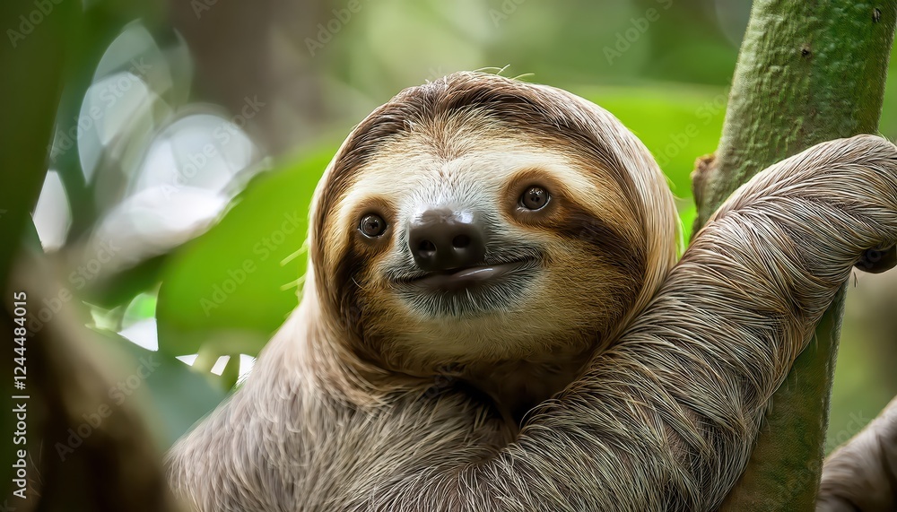 Closeup of a Smiling Threetoed Sloth in a Costa Rican Jungle Tree Canopy at Dawn A Joyful Moment Captured in the Verdant Rainforest Closeup of a Smiling Threetoed Sloth in a Costa Rican Jungle Tree Canopy at Dawn A Joyful Moment Captured in the Verdant Rainforest