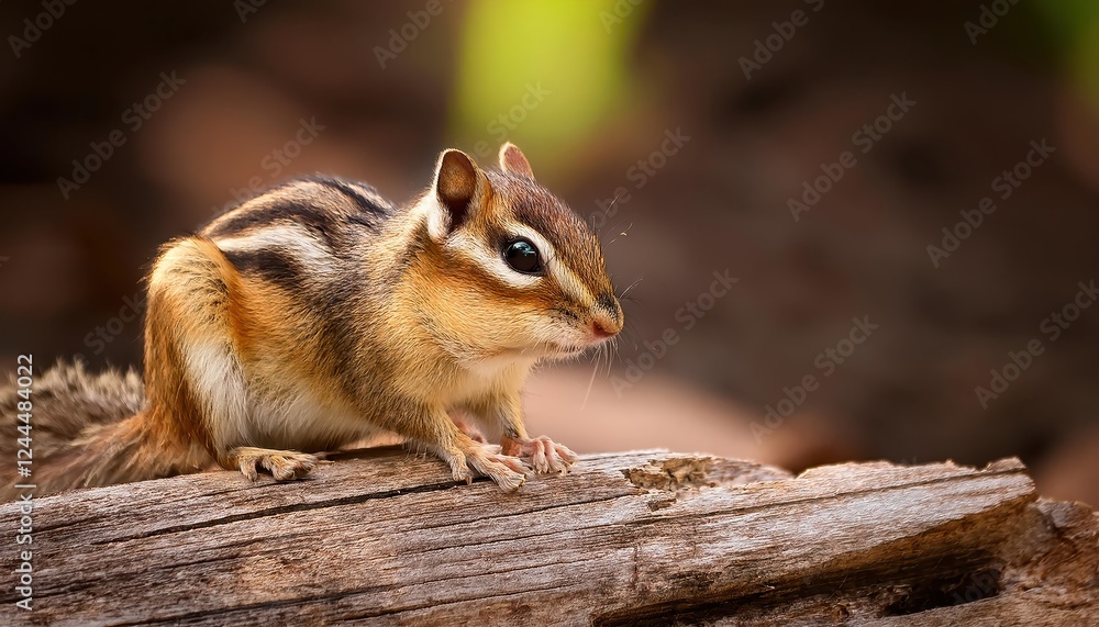 Stunning Closeup of a Cute Chipmunk Perched on an Old Wooden Pile, Showcasing its Playful Energetics against an Autumnal Backdrop, Featuring Rich Amber Tones and Textured Bark. Stunning Closeup of a Cute Chipmunk Perched on an Old Wooden Pile, Showcasing its Playful Energetics against an Autumnal Backdrop, Featuring Rich Amber Tones and Textured Bark.