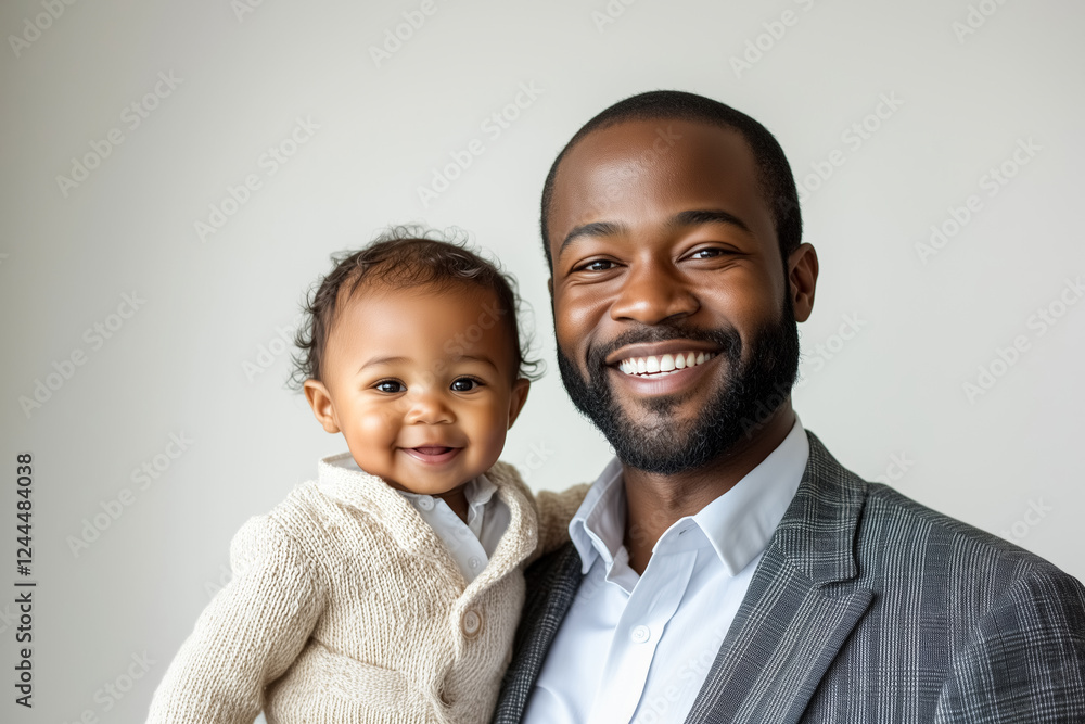 Smiling father holds baby in cozy portrait during family gathering indoors on white background Smiling father holds baby in cozy portrait during family gathering indoors on white background