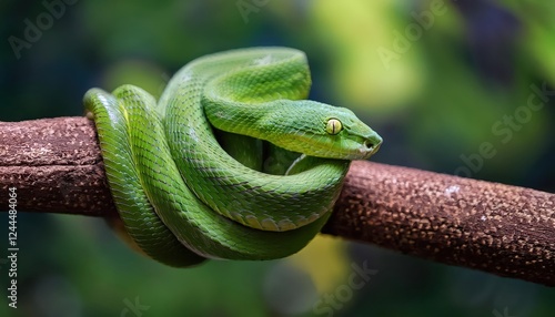 Striking Closeup of a Coiled Green Snake on a Tree Branch Against a Backdrop of Natures Autumn Hues at