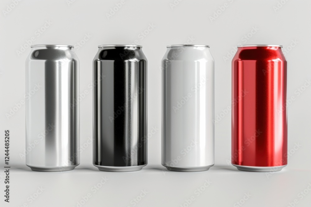 Four aluminum slim cans in different colors (silver, white, black, red), isolated on a white background, 3D beer can mockup template Four aluminum slim cans in different colors (silver, white, black, red), isolated on a white background, 3D beer can mockup template