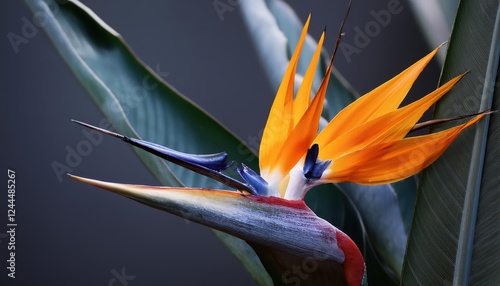 Striking Closeup of Greater BirdofParadise in Vibrant Plumage, Showcasing Intricate Feathers and Bold Colors Against a Lush Rainforest Backdrop photo