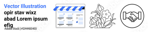 Business storefront webpage, blooming flowers, clear handshake icon. Ideal for e-commerce, partnerships, online stores, trust, customer service growth collaboration. Landing page