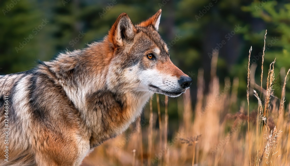 Fototapeta premium Striking CloseUp of a Brown Wolf Amid Banff National Parks Winter Wonderland, Showcasing the Majesty and Resilience of Wildlife in Canadas Rocky Mountains