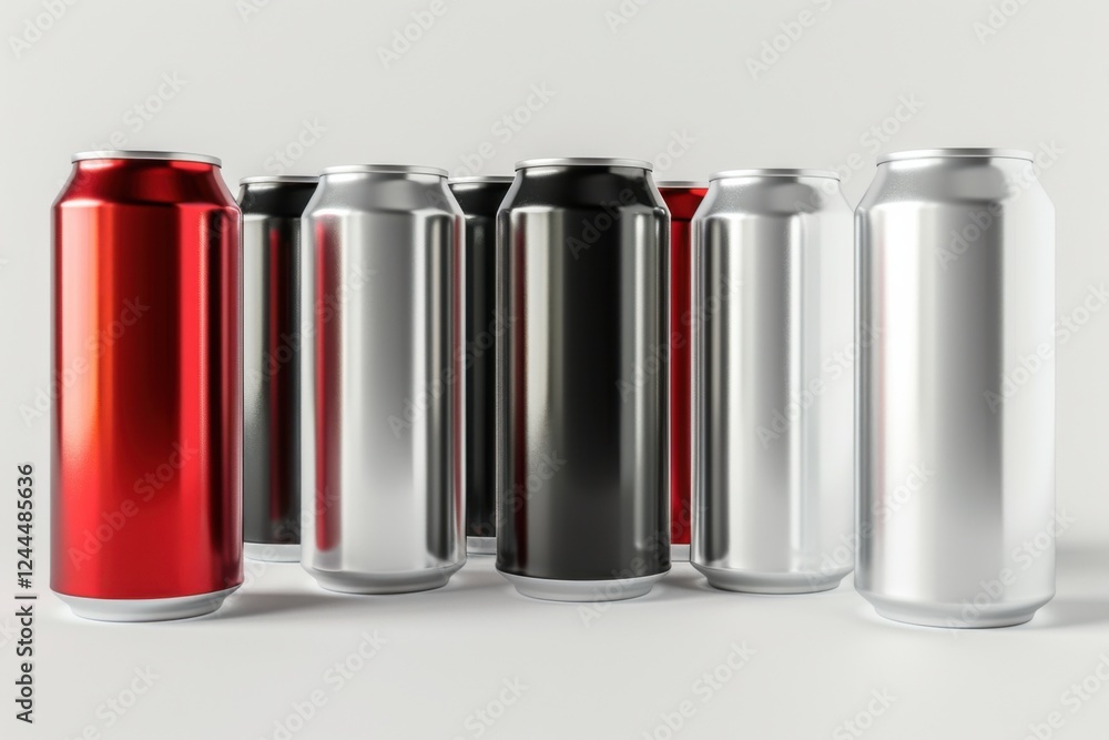 High-quality 3D render of aluminum slim cans in silver, white, black, and red, arranged on an isolated white background, perfect for beer can mockup templates High-quality 3D render of aluminum slim cans in silver, white, black, and red, arranged on an isolated white background, perfect for beer can mockup templates
