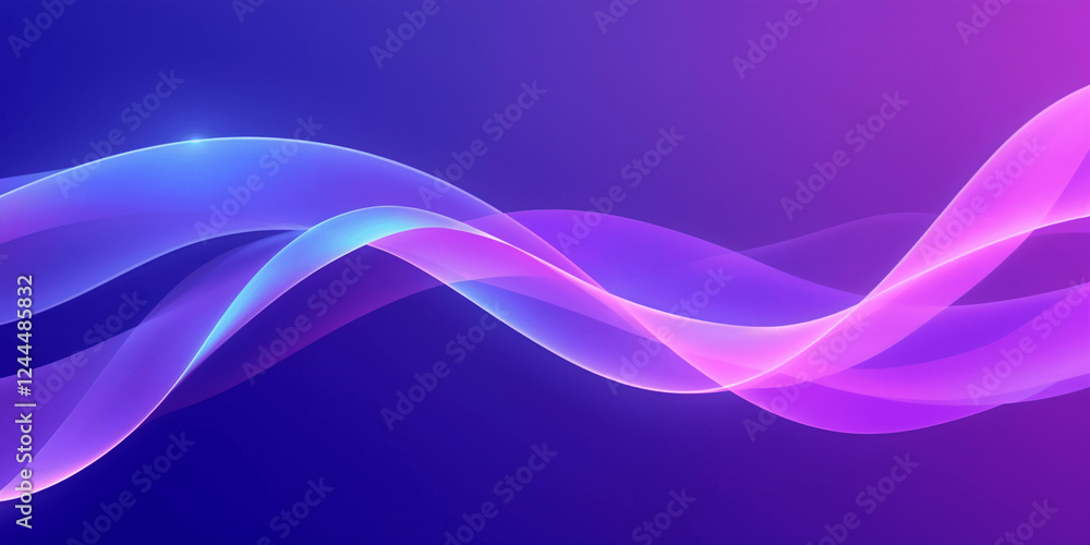 Glowing translucent pink and blue waves flow across a deep purple background. The abstract design creates a dynamic, ethereal feel. Glowing translucent pink and blue waves flow across a deep purple background. The abstract design creates a dynamic, ethereal feel.