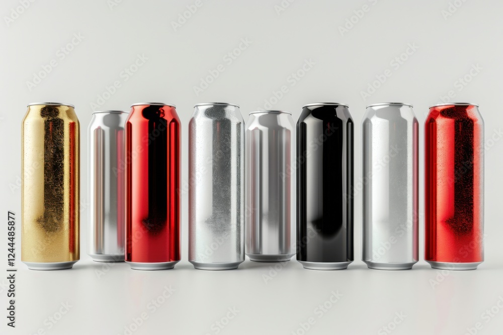 High-quality 3D render of aluminum slim cans in silver, white, black, and red, arranged on an isolated white background, perfect for beer can mockup templates High-quality 3D render of aluminum slim cans in silver, white, black, and red, arranged on an isolated white background, perfect for beer can mockup templates