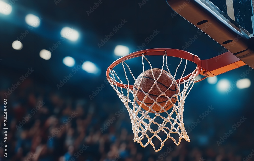 Close-up of Basketball Going Through Net in Arena, Cheering Fans in Background Close-up of Basketball Going Through Net in Arena, Cheering Fans in Background