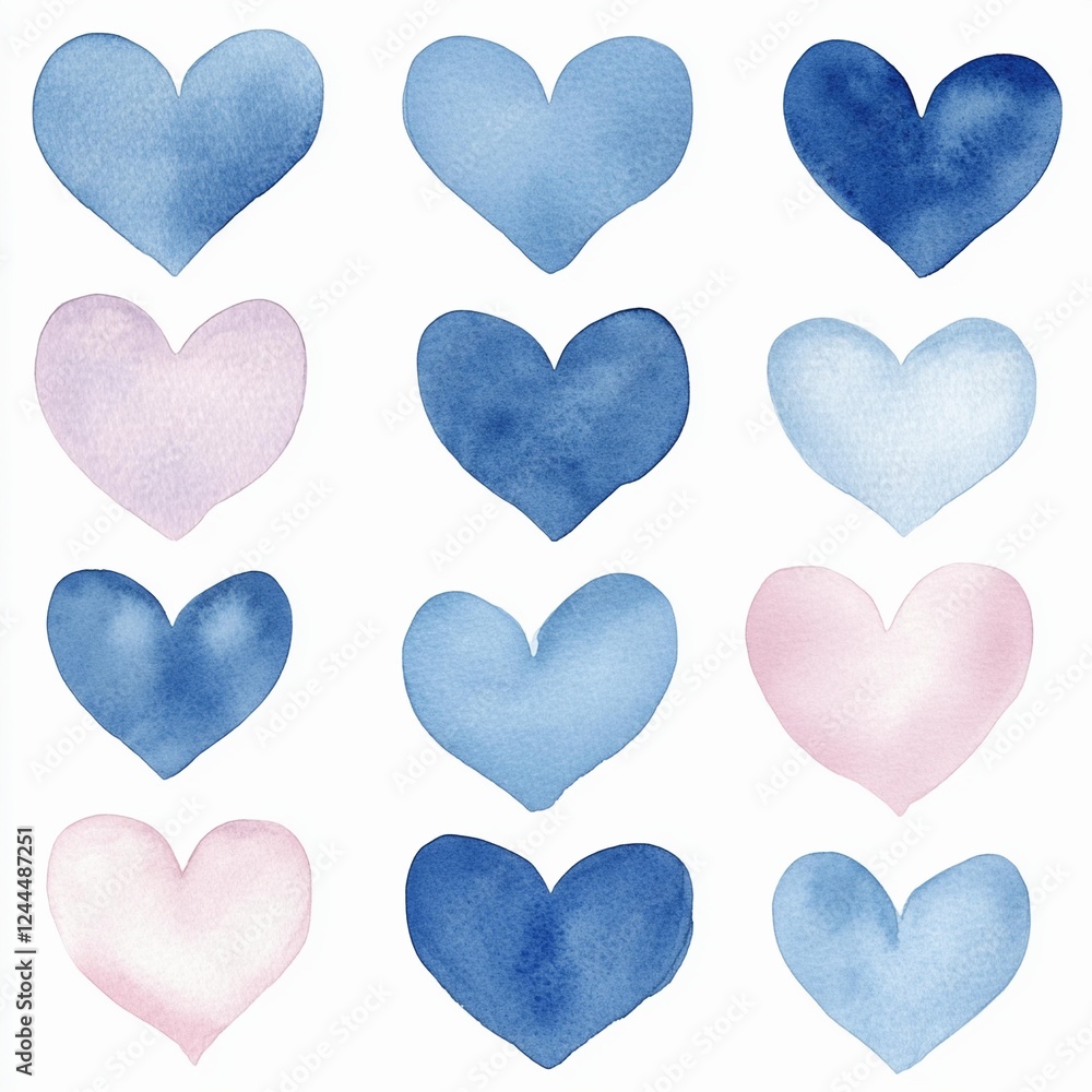 Collection of blue and pink watercolor hearts isolated on a white background Collection of blue and pink watercolor hearts isolated on a white background