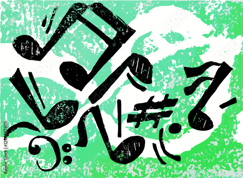 schwarze Musiknoten auf grünem Hintergrund. Expressionistischer, grafischer Look stellen Rhytmus und Bewegung der Musik dar.