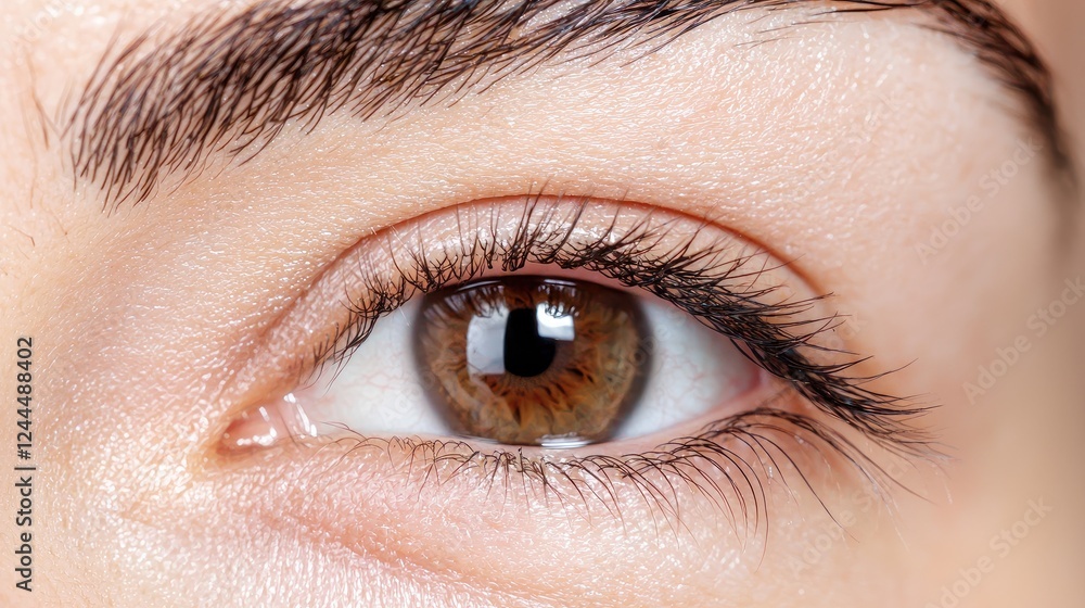 Close-up of a brown eye, eyelashes, and eyebrow.  Beauty, healthcare, vision
