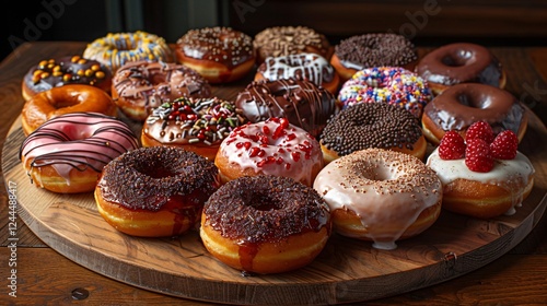 Wallpaper Mural Top view of wooden round board full of variety of colorful donuts topped with fresh cream and sprinkles served with fresh berries  Torontodigital.ca
