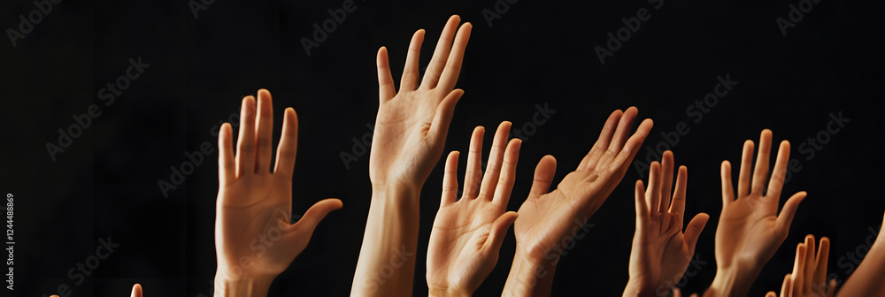multiple people's hands raised against a black background, with empty space for text or a logo multiple people's hands raised against a black background, with empty space for text or a logo