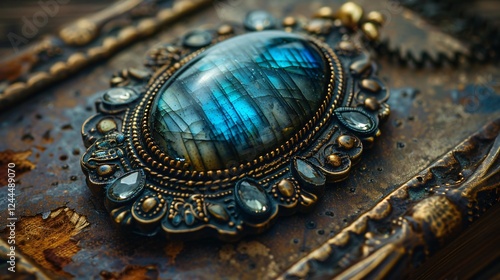 A perfect closeup of beautiful antique style metal lock it with mesmerizing blue colored stone inside placed on old wooden box