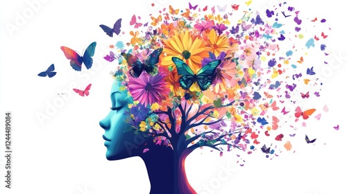 Woman, flowers, butterflies, nature, mind, serenity, artwork, illustration, peace,  design