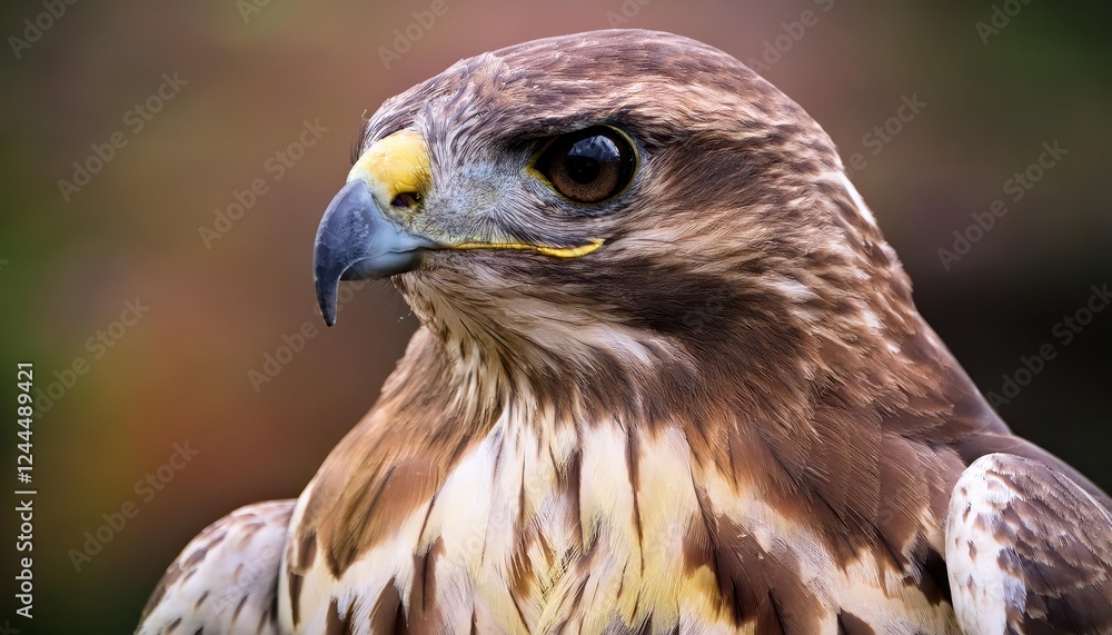 Vivid Closeup of a Common Buzzard with Intricate Plumage and Intense Gaze amidst a Natural Backdrop, Showcasing Detailed Feather Textures and Striking Eye Contact Vivid Closeup of a Common Buzzard with Intricate Plumage and Intense Gaze amidst a Natural Backdrop, Showcasing Detailed Feather Textures and Striking Eye Contact
