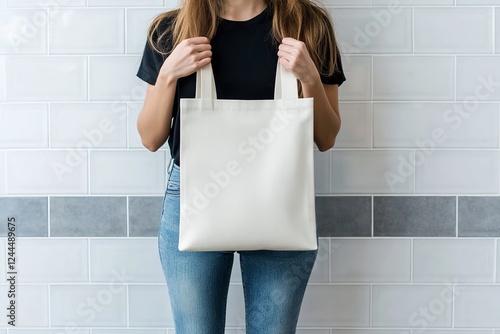 Woman Holding Blank Canvas Tote Bag Mock-up Against White Wall, Cotton Fabric Template photo