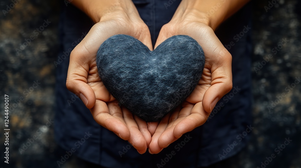 Two hands gently cradle a dark, heart-shaped stone against a soft, muted background, embodying themes of love, care, and connection in a serene setting Two hands gently cradle a dark, heart-shaped stone against a soft, muted background, embodying themes of love, care, and connection in a serene setting