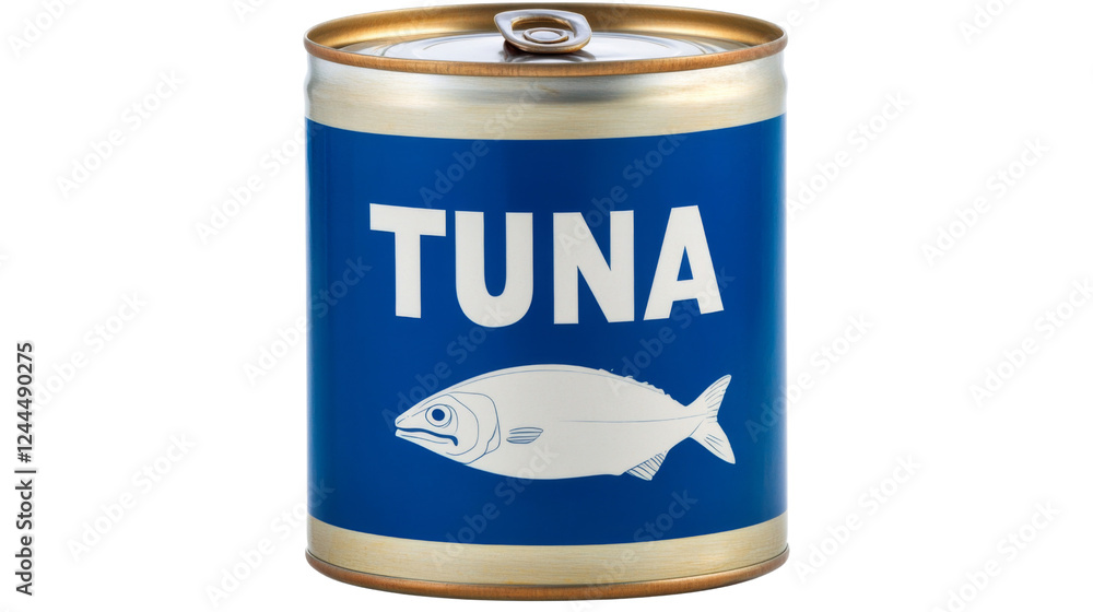 Tuna can with blue label and fish drawing on transparent background