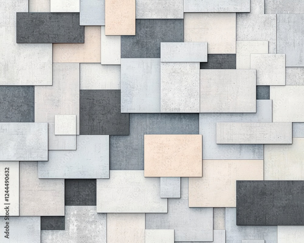 Abstract composition of concrete tiles in various sizes and colors, creating a visually dynamic background for modern architectural designs. Abstract composition of concrete tiles in various sizes and colors, creating a visually dynamic background for modern architectural designs.