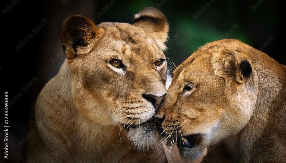 Intimate Moment between Two Lionesses in African Savannah Stunning Portrait of Pride and Friendship, with Rich Brown Textures and Warm Sunlight Intimate Moment between Two Lionesses in African Savannah Stunning Portrait of Pride and Friendship, with Rich Brown Textures and Warm Sunlight