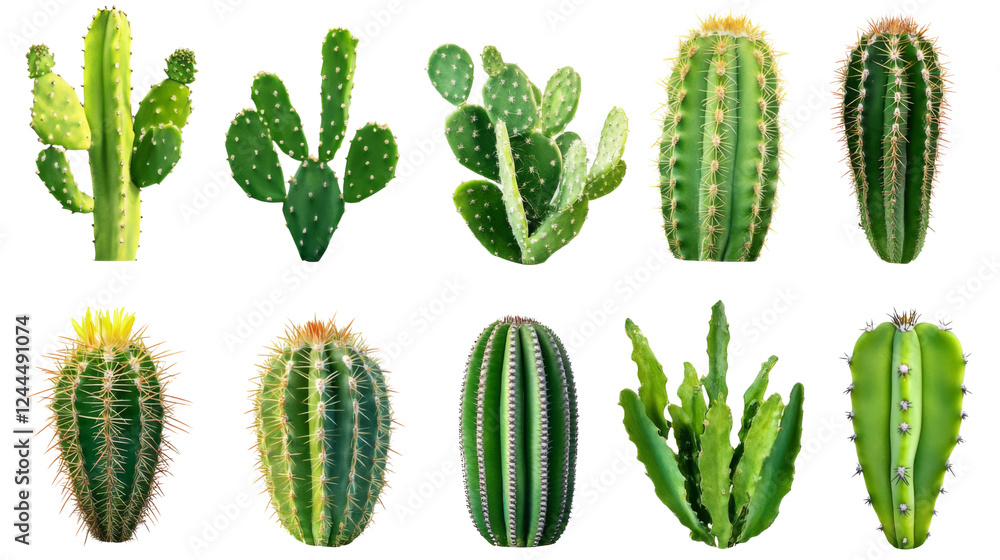 Set of green cacti and succulents growing on transparent background Set of green cacti and succulents growing on transparent background