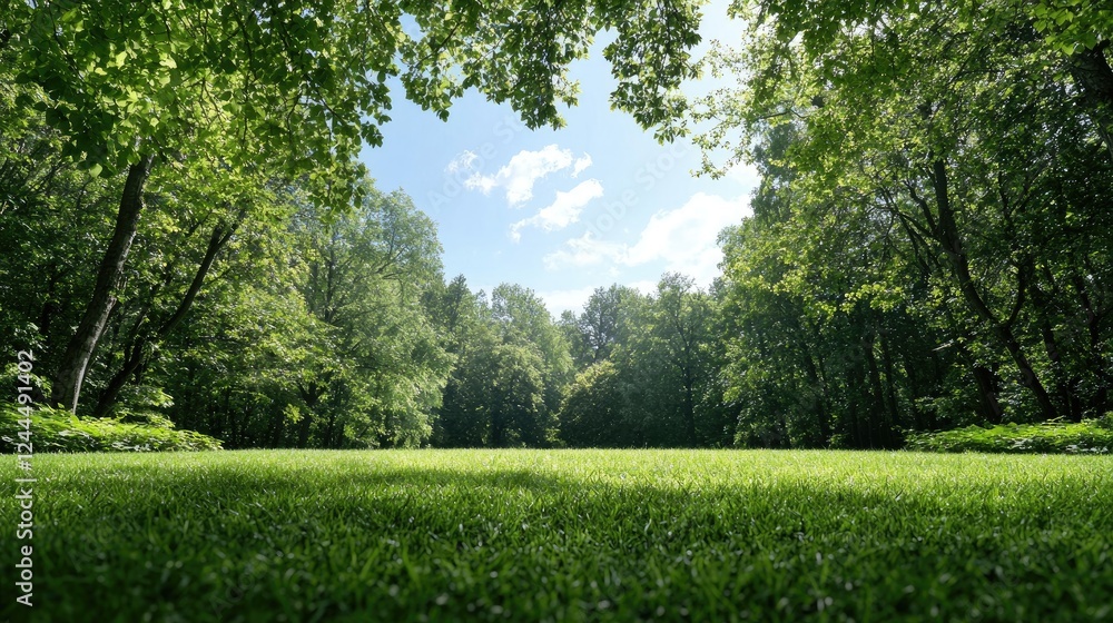 Fototapeta premium Lush green park, sunny sky, trees, peaceful scene, nature backdrop