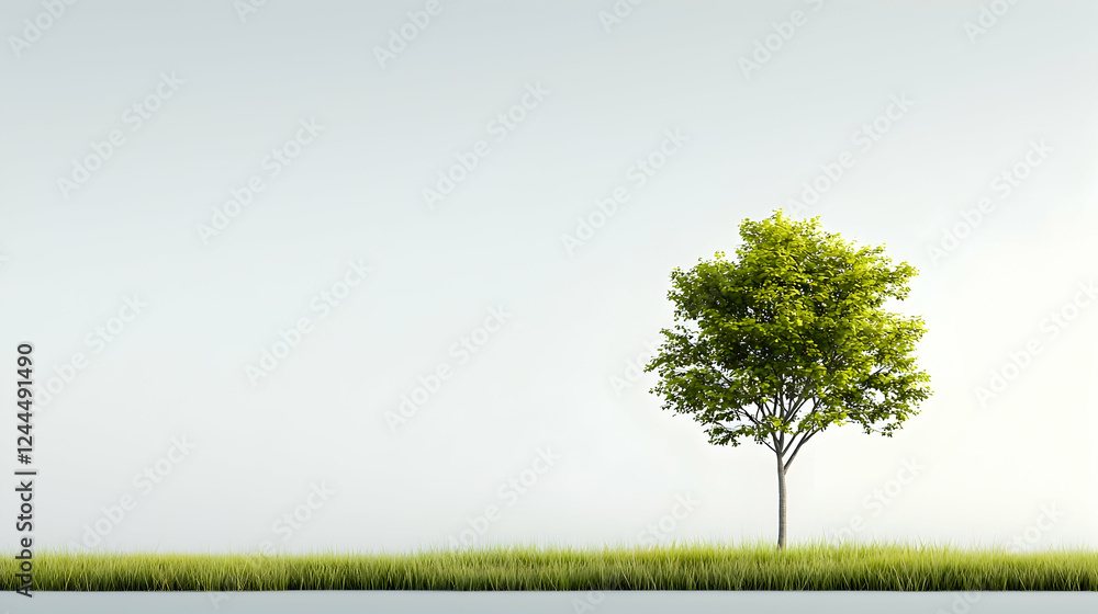 Obraz premium Lone tree on grass, minimalist background, environmental design