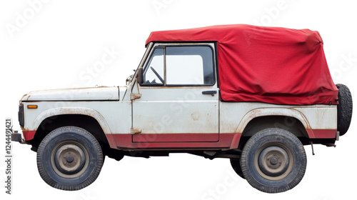 Old rusty white and red off-road vehicle with red canvas cover on transparent background