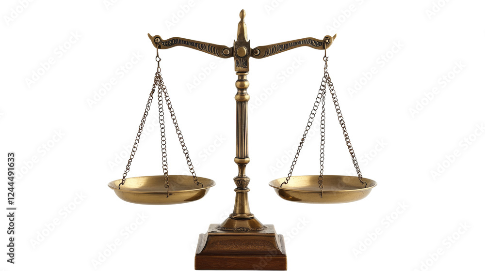 Brass scale balancing on transparent background representing justice and law Brass scale balancing on transparent background representing justice and law