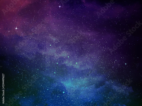 A stunning cosmic scene of a starry night sky with deep blue, purple, and green hues. Countless stars sparkle, creating a dreamy and infinite galaxy-like atmosphere.

