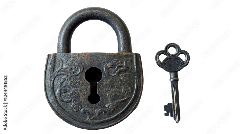 Old padlock and key isolated on transparent background Old padlock and key isolated on transparent background