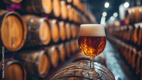 Glass of beer resting on a barrel in a dimly lit brewery with wooden barrels in the background