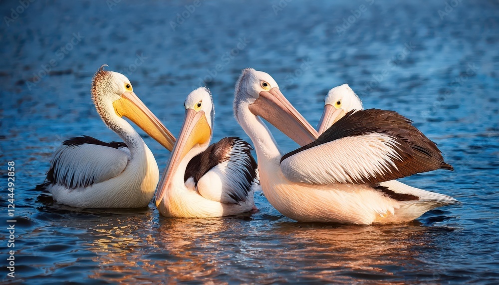 Striking Closeup of a Gathering of Pelicans, Showcasing the Majesty and Grace of these Feathery Giants in their Natural Habitat, with Shimmering Ocean Backdrop and Vivid Coastal Landscape. Striking Closeup of a Gathering of Pelicans, Showcasing the Majesty and Grace of these Feathery Giants in their Natural Habitat, with Shimmering Ocean Backdrop and Vivid Coastal Landscape.