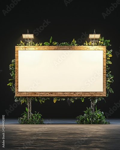 A blank billboard framed with greenery, illuminated by two lights; perfect for eco-friendly advertising or showcasing natural themes in creative designs. photo