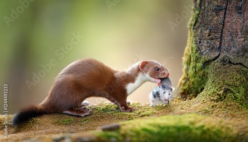 Vivid Portrait of a Longtailed Weasel in Action, Capturing the Moment of Predation Among Forest Undergrowth, Showcasing Neogale Frenatas Agility and Prey Instinct in Rich Greens and Browns. photo