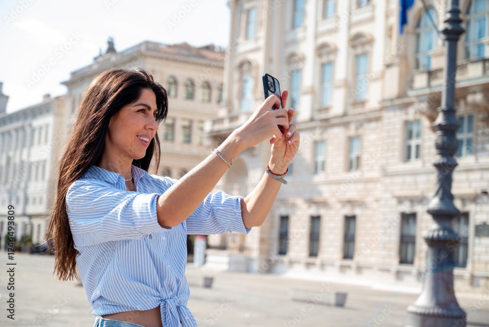 Fototapeta premium Traveler woman taking pictures with the phone on the street in Italy 