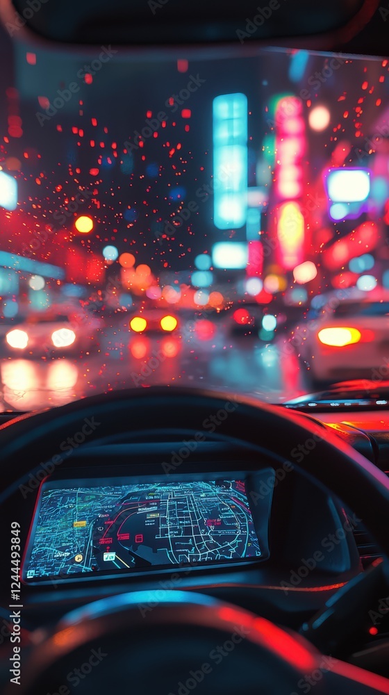 Closeup of car dashboard with navigation amidst blurred passengers Closeup of car dashboard with navigation amidst blurred passengers