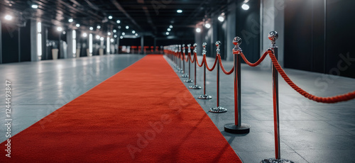 Red carpet with velvet ropes in an elegant event space, symbolizing luxury, exclusivity, and formal occasions. photo