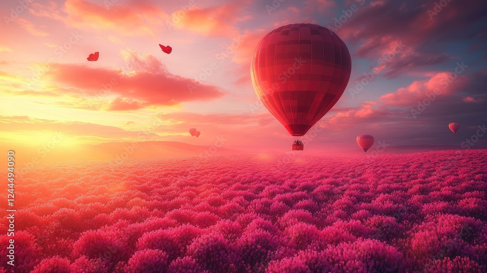 Fototapeta premium Colorful hot air balloons float over a vibrant field at sunset.
