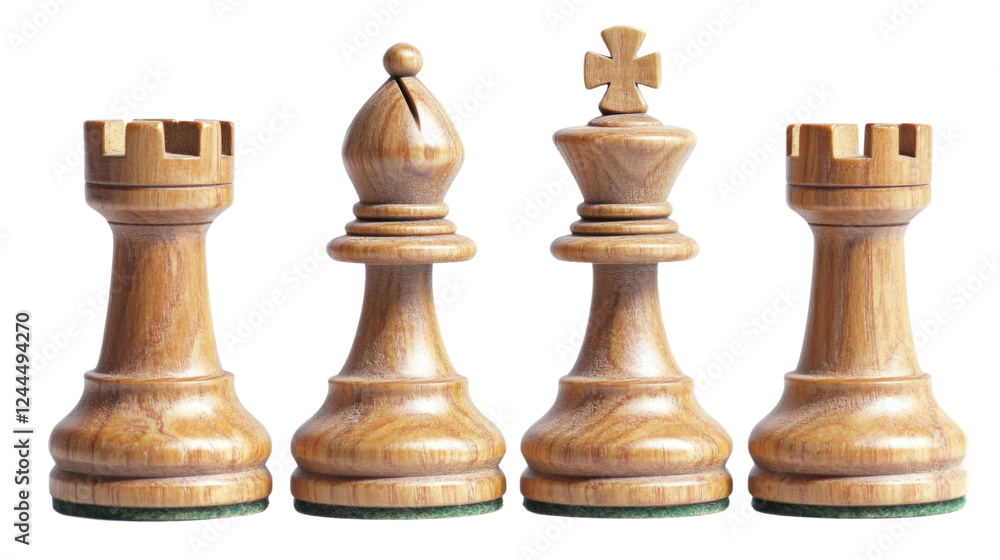 King, rook, and bishop chess pieces standing on transparent background King, rook, and bishop chess pieces standing on transparent background