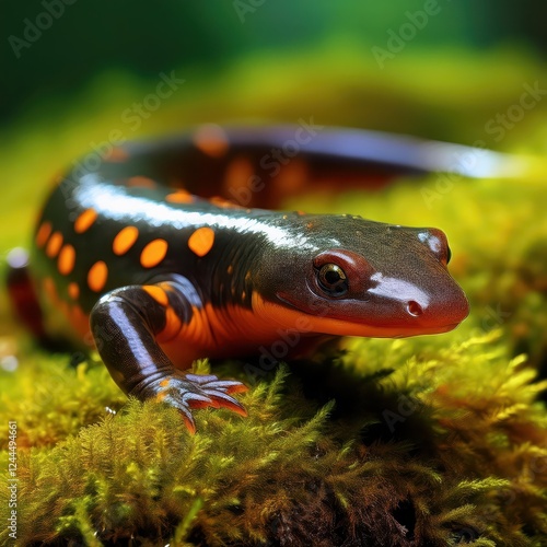 Striking Closeup of Rare Chinese Yiwu Salamander Hynobius yiwuensis in a Lush Green Environment, Showcasing the Endemic Species Unique Features and Vibrant Surroundings in Zhejiang, China. photo