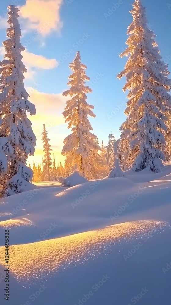 Sunrise serenity golden shadows in a snowy winter forest Sunrise serenity golden shadows in a snowy winter forest