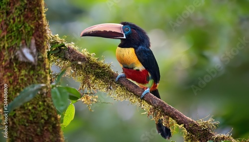 Vibrant Collared Aracari Bird in Tropical Rainforest Haven, Laguna del Lagarto Eco Lodge, Boca Tapada, Alajuela, Costa Rica photo