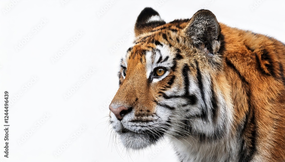 Striking Portrait of a Vibrant Tiger, Set Against a Pure White Backdrop, Showcasing Majesty and Power in a Minimalist Setting Striking Portrait of a Vibrant Tiger, Set Against a Pure White Backdrop, Showcasing Majesty and Power in a Minimalist Setting