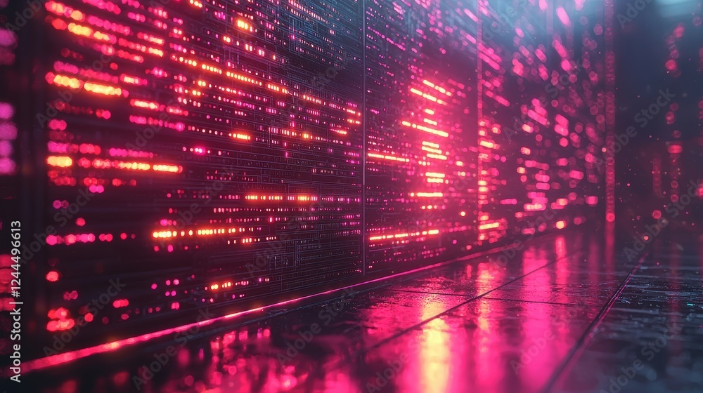 Obraz premium A futuristic digital environment with glowing lines and reflections.