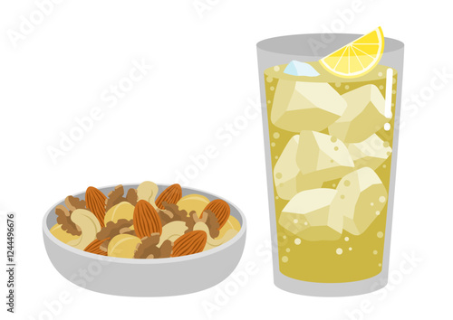 グラスに入ったハイボールと器に盛ったナッツのイラストのイメージ
