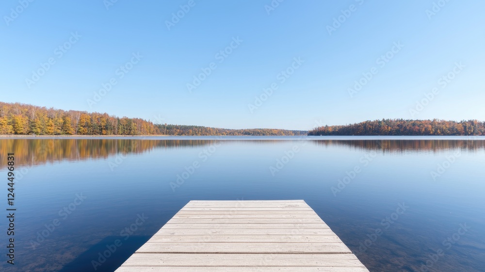 Naklejka premium Tranquil autumn lake dock reflection