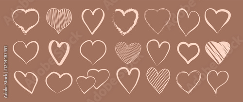 Heart hand drawn line icon, crayon doodle mocha mousse color outline set, cute love sketch symbol Valentines Day. Trendy colour 2025 year. Abstract holiday vector illustration